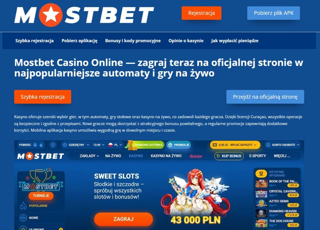 Interfejs kasyna Mostbet pokazujący wybór gier kasynowych i zakładów sportowych